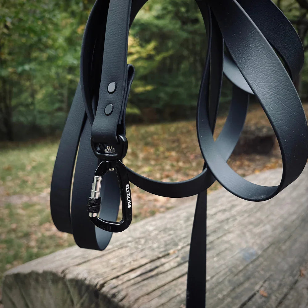 Black Biothane dog lead with sturdy hardware on wooden bench outdoors