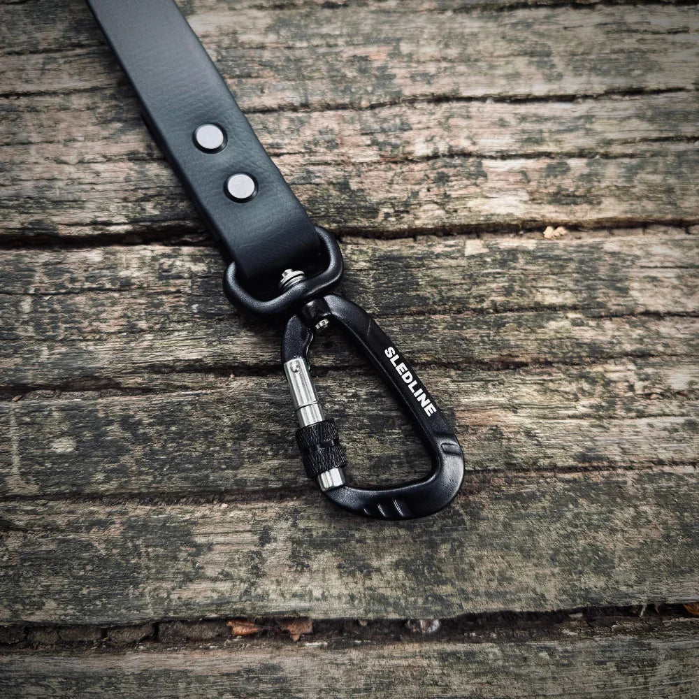 Black Biothane dog lead with strength tested carabiner hardware on wood surface