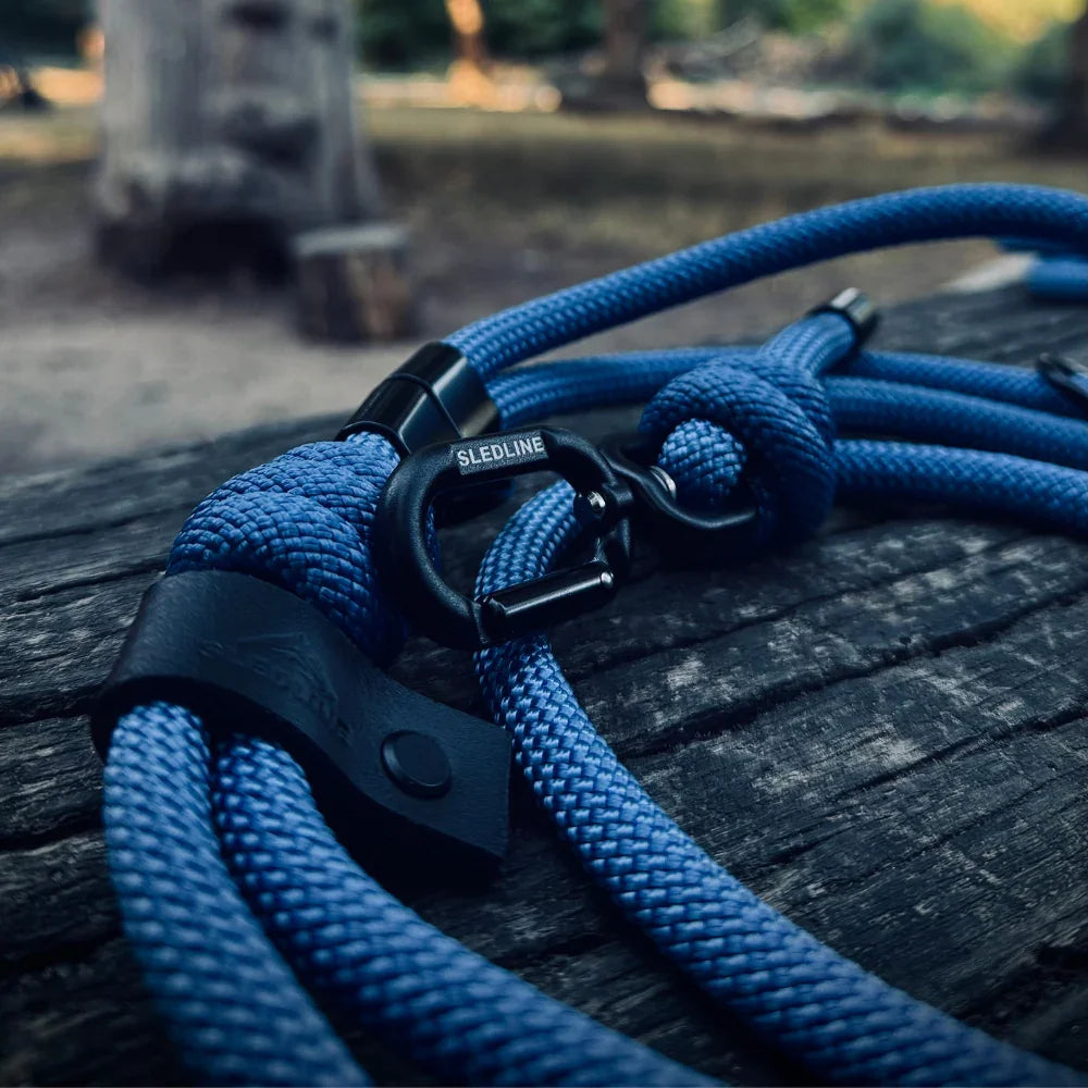 Blue rPET rope dog lead with Biothane detail and black metal hardware on wood