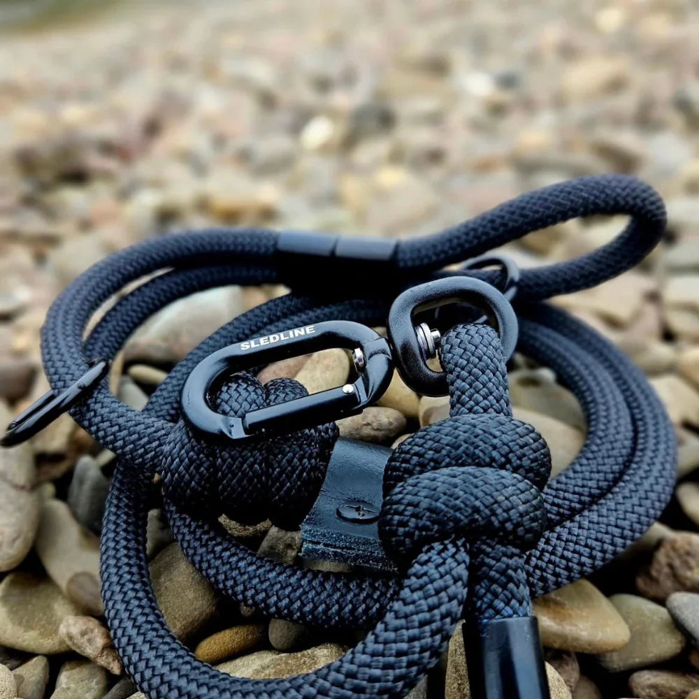 Black rPET rope dog lead with Biothane accents and metal hardware on pebbles
