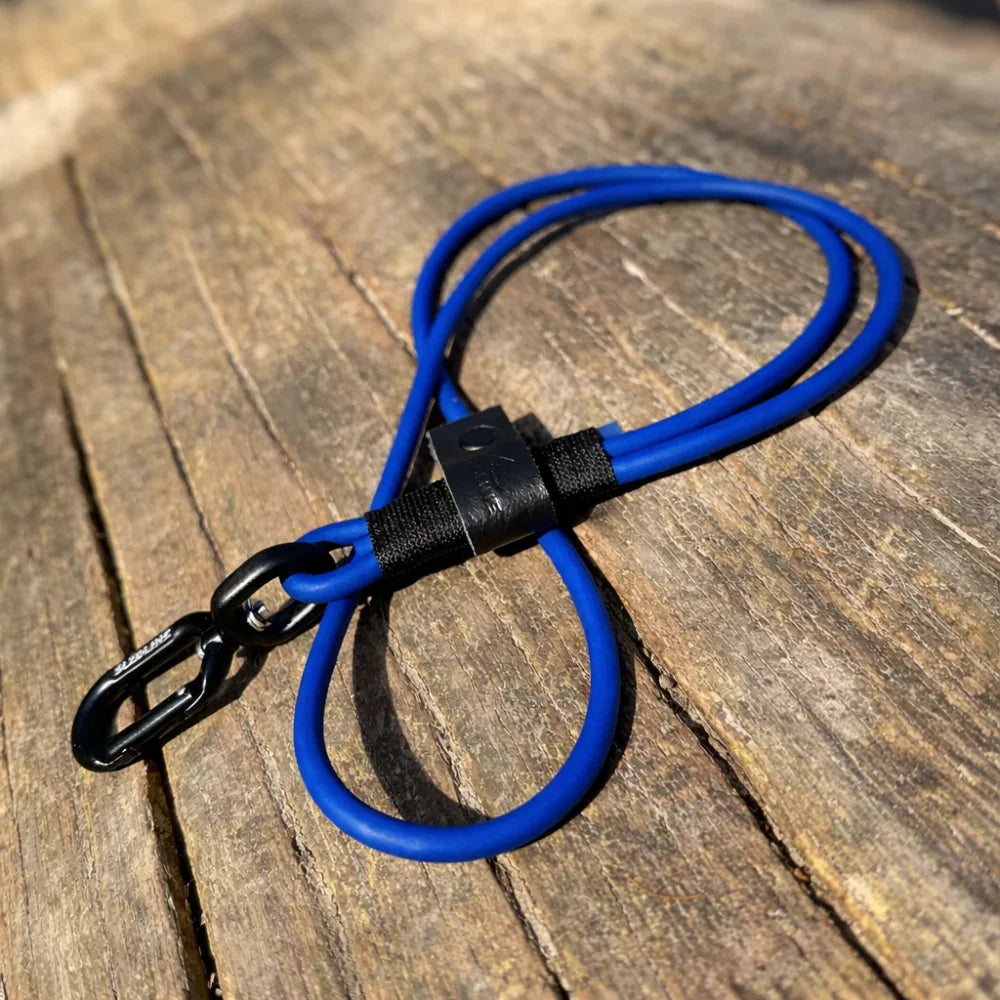 Blue rPET rope dog lead with Biothane accents and black hardware on wooden surface