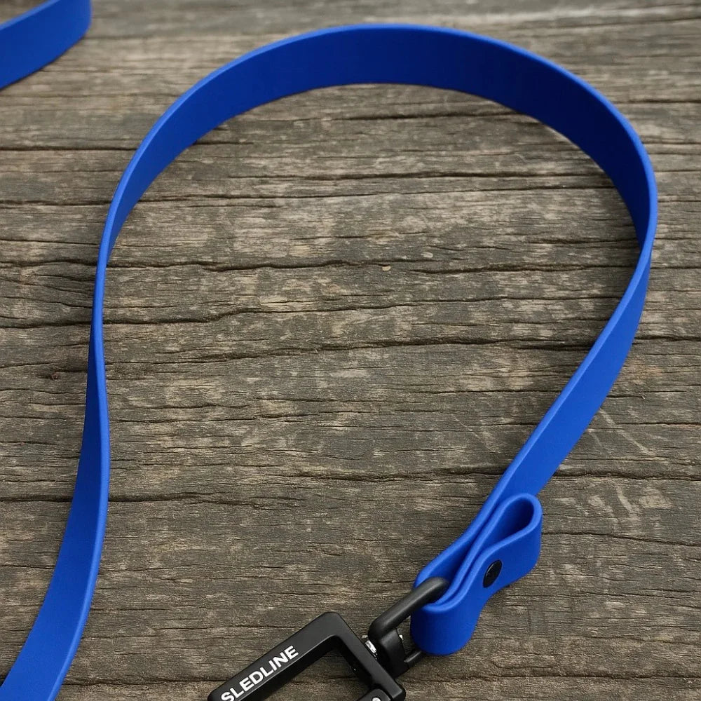 Blue Biothane dog lead with black hardware on rustic wooden background