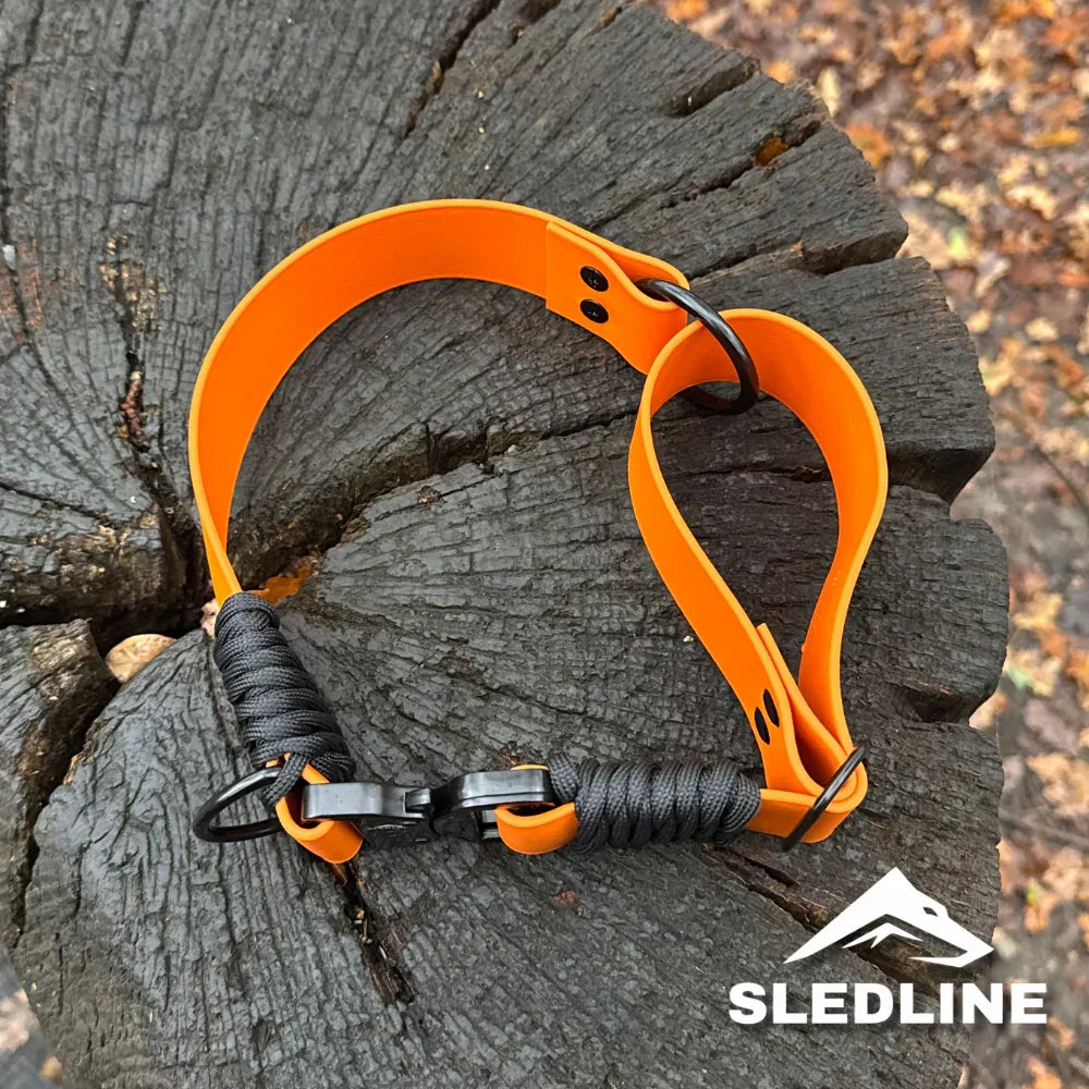 Orange Biothane dog collar with black hardware and rope detail on wooden surface