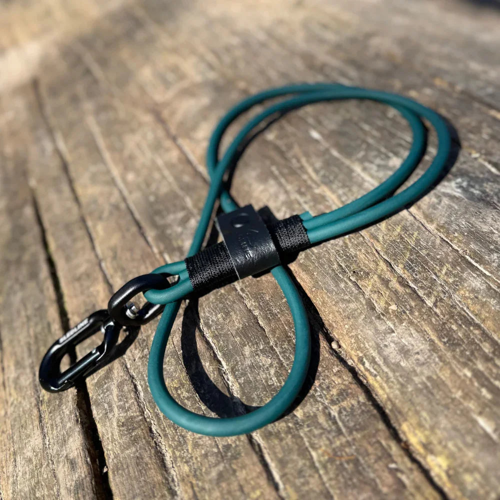 Green Biothane dog lead with black strength-tested hardware on wooden surface